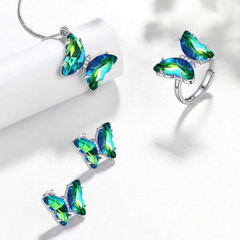 Green Butterfly Jewelry Set 4PCS May Emerald Birthstone Women Girls Birthday Gifts