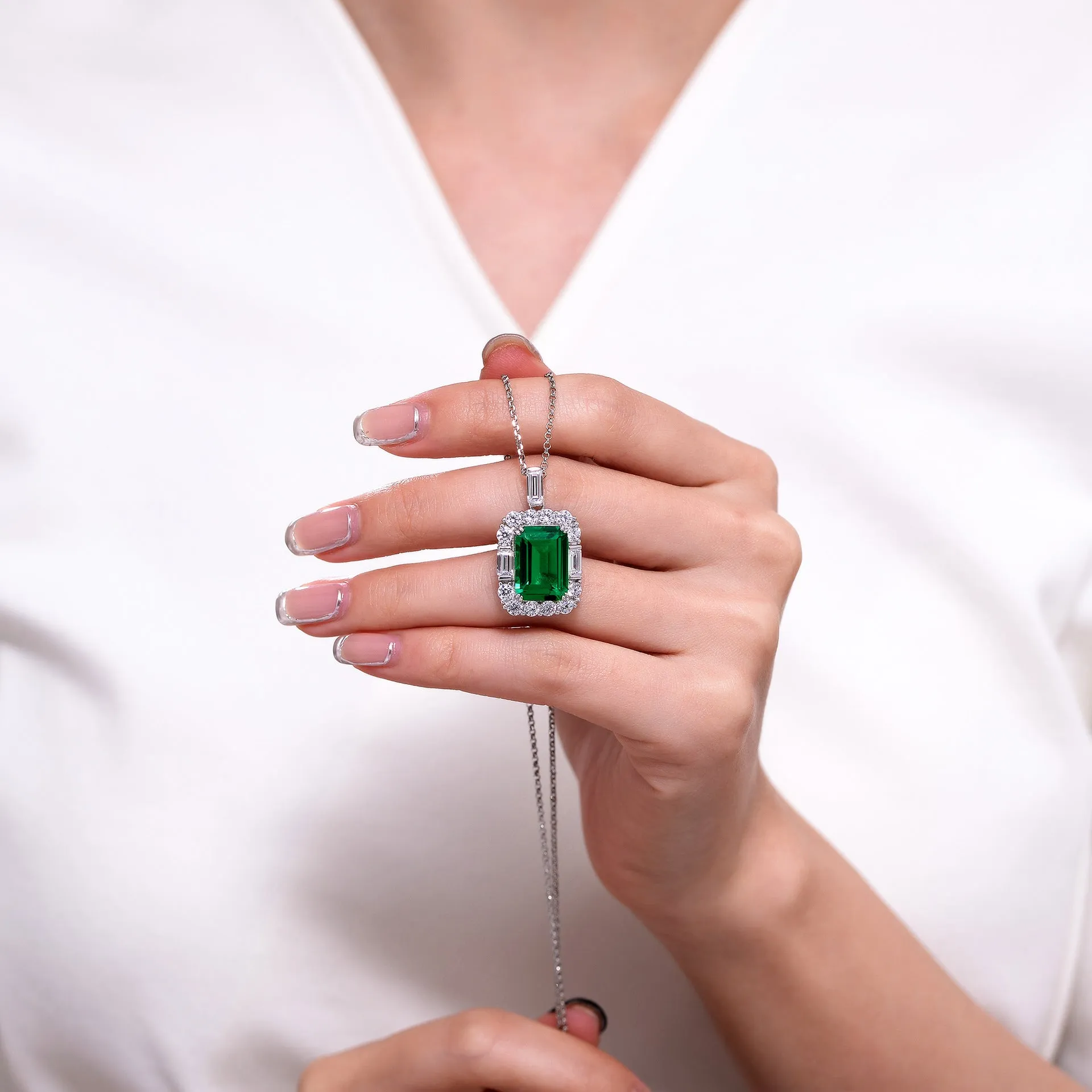 Halo 10 Carat Rectangle Synthetic Emerald Silver Necklace