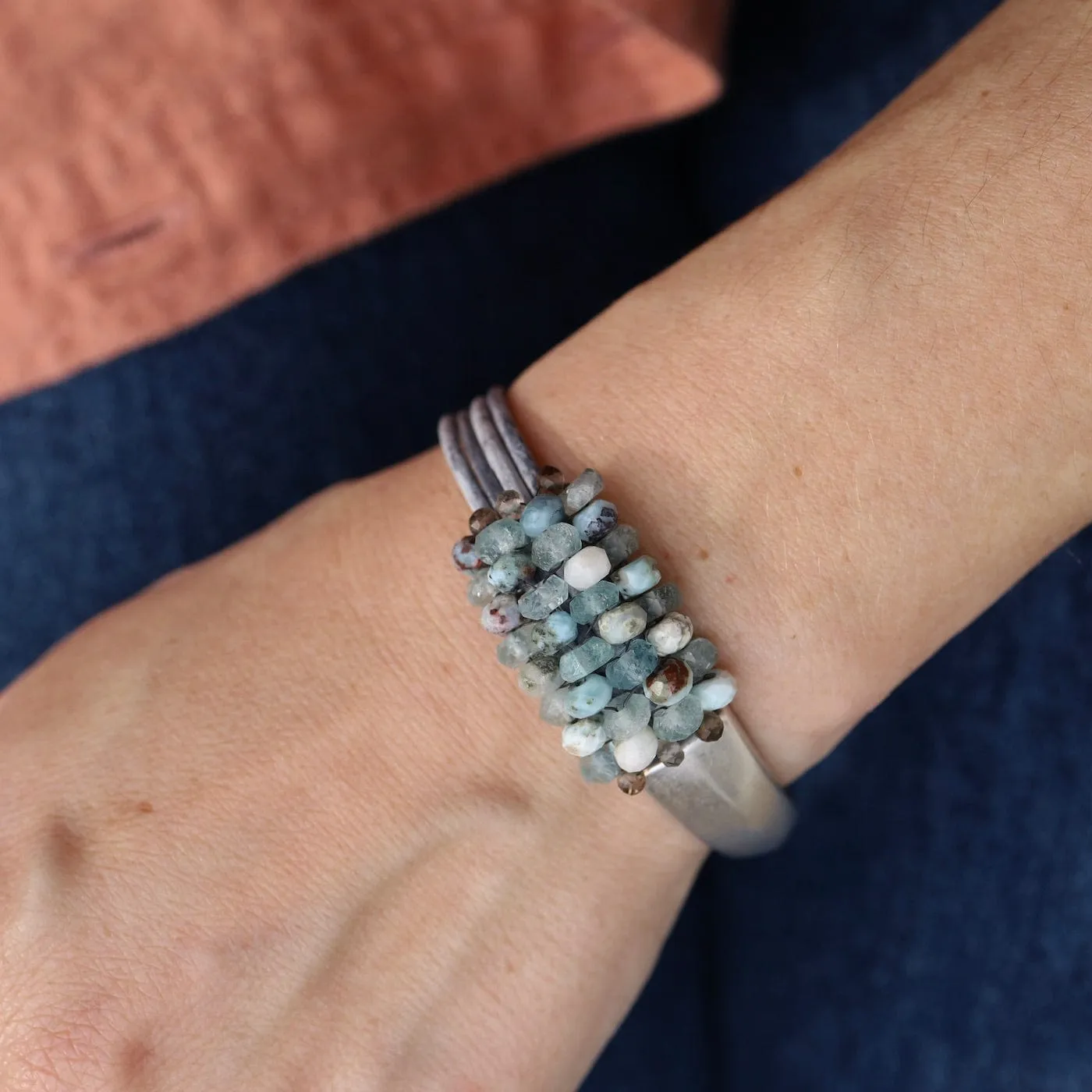 Hand Stitched Topaz & Larimar Mix 1/2 Cuff