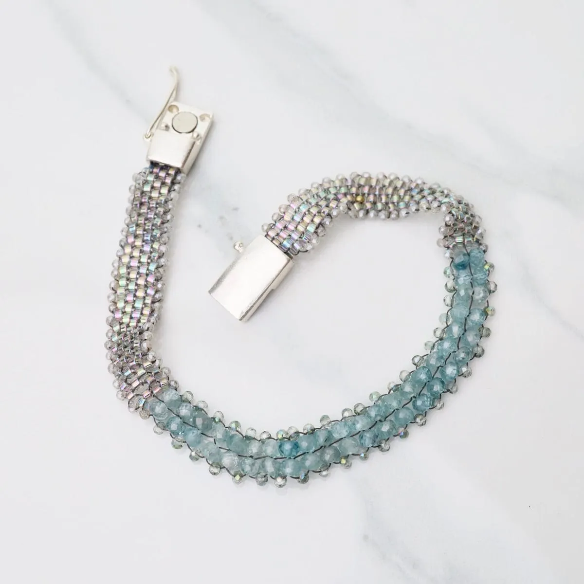 Hand Woven Soft Bracelet of Blue Topaz with Labradorite Trim