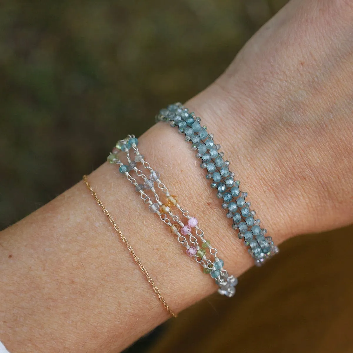Hand Woven Soft Bracelet of Blue Topaz with Labradorite Trim