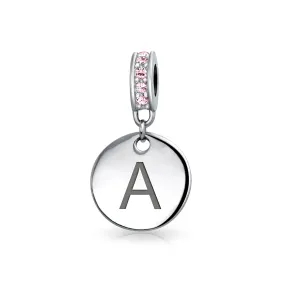 Initial Alphabet Bead Charm Pink Crystal Monogram Sterling Silver Bracelet