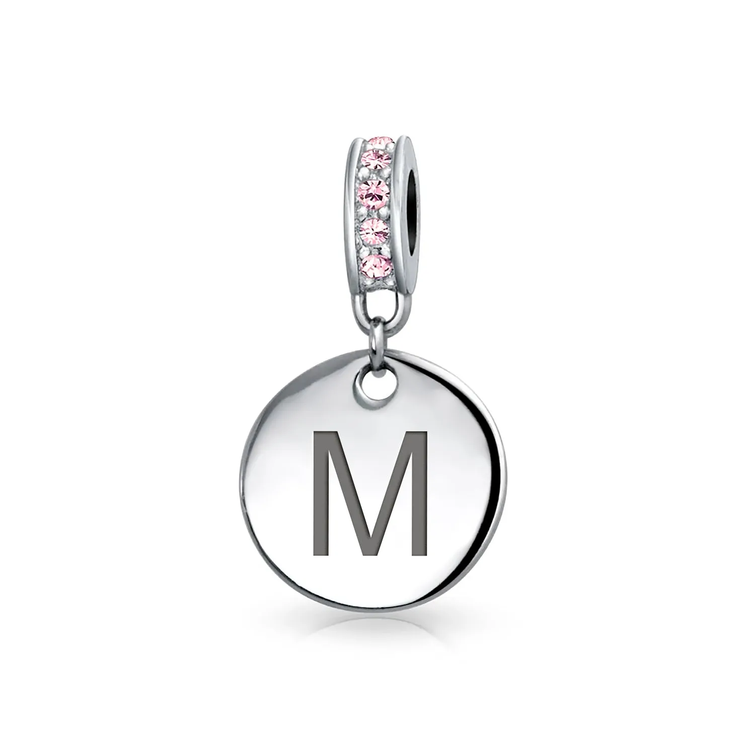 Initial Alphabet Bead Charm Pink Crystal Monogram Sterling Silver Bracelet
