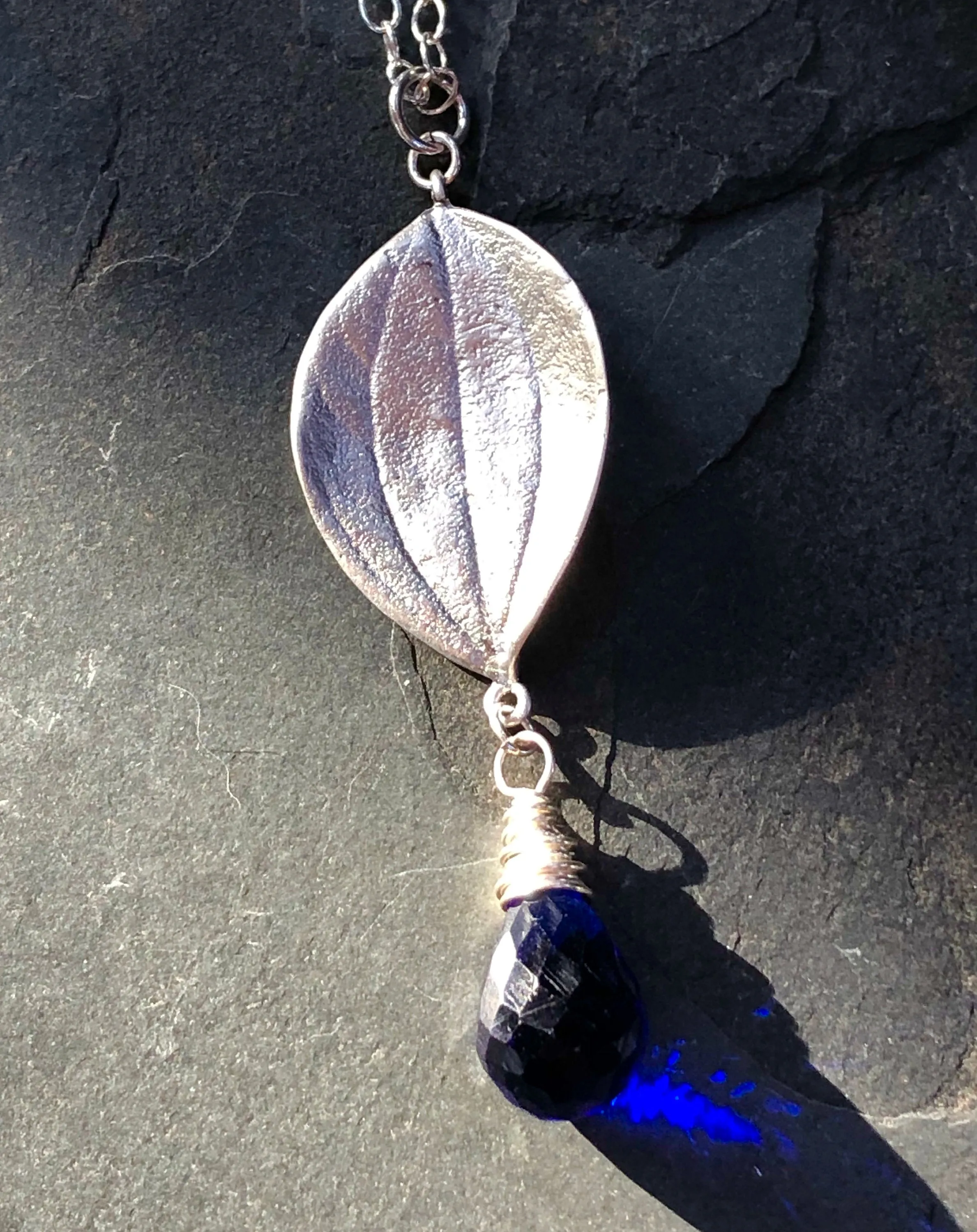 Inky blue quartz necklace leaf sterling silver necklace