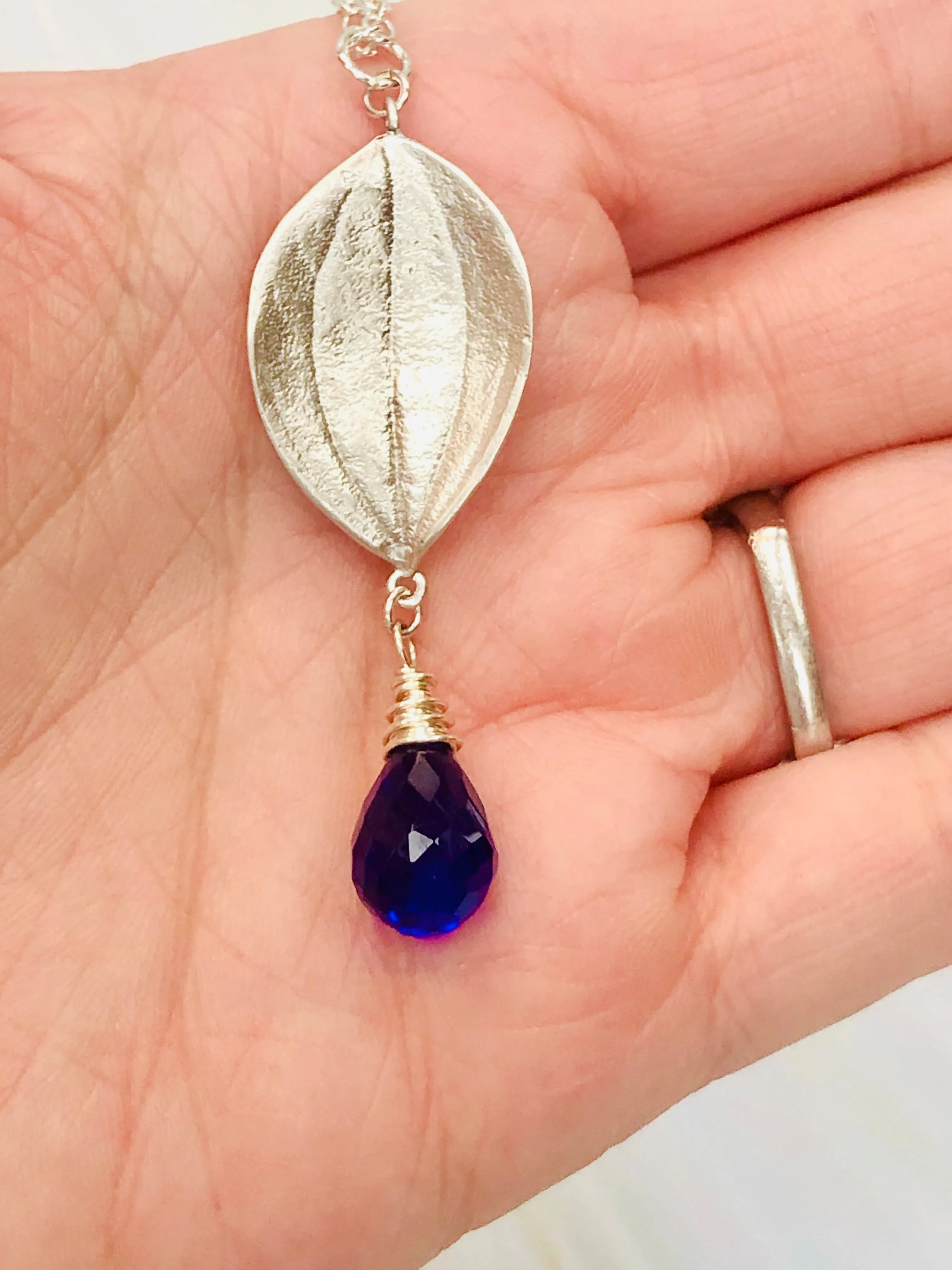 Inky blue quartz necklace leaf sterling silver necklace