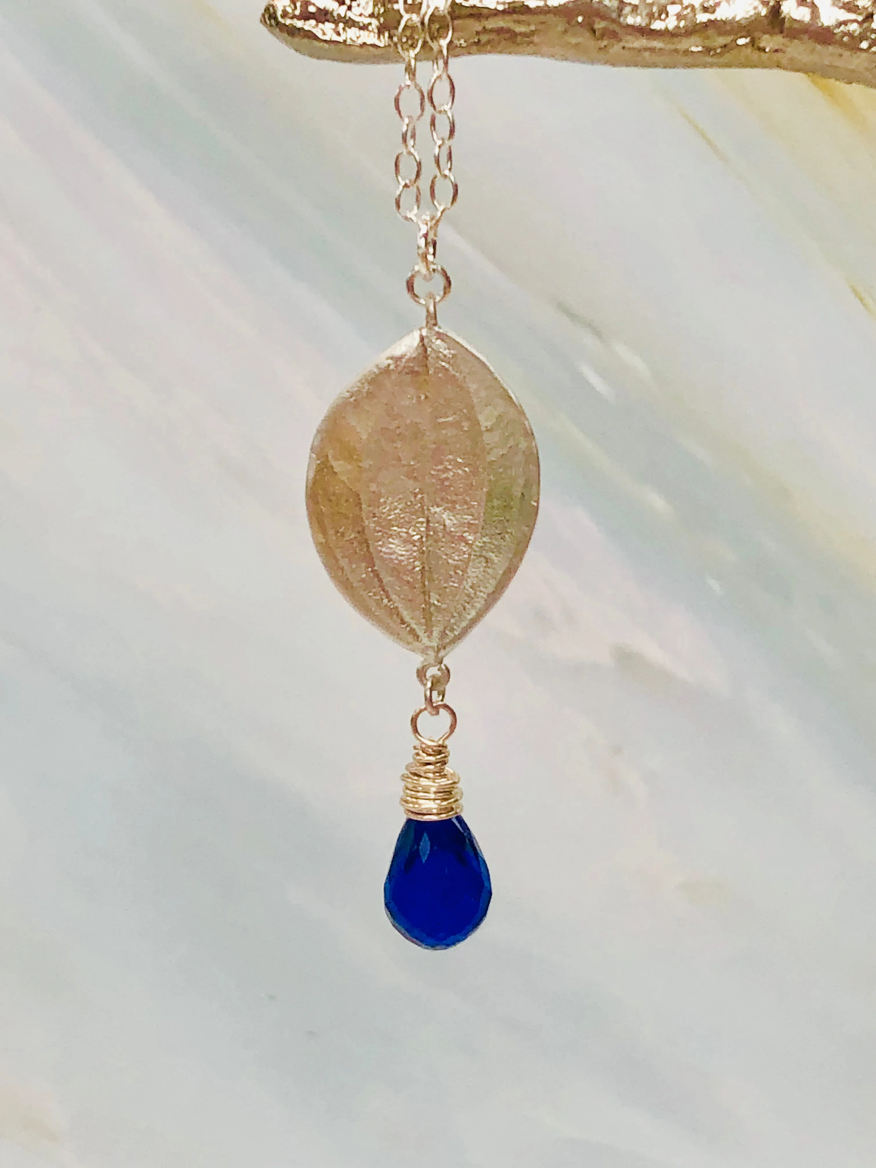 Inky blue quartz necklace leaf sterling silver necklace