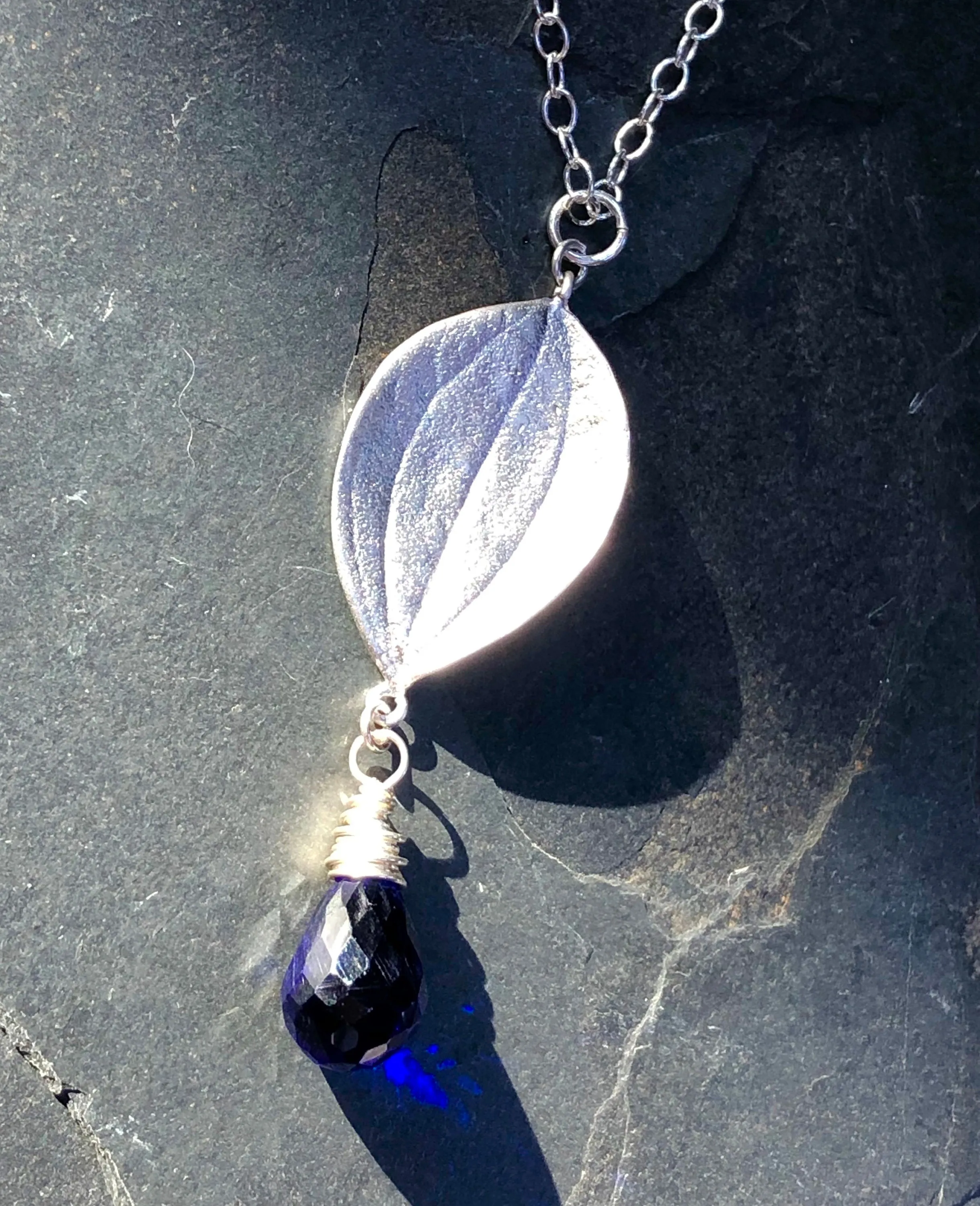 Inky blue quartz necklace leaf sterling silver necklace
