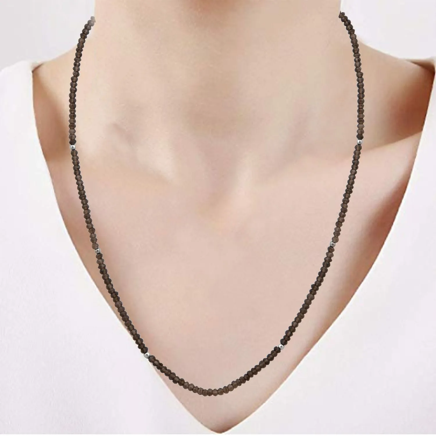 Jewelili Sterling Silver With Smokey Quartz Bead Pendant Necklace