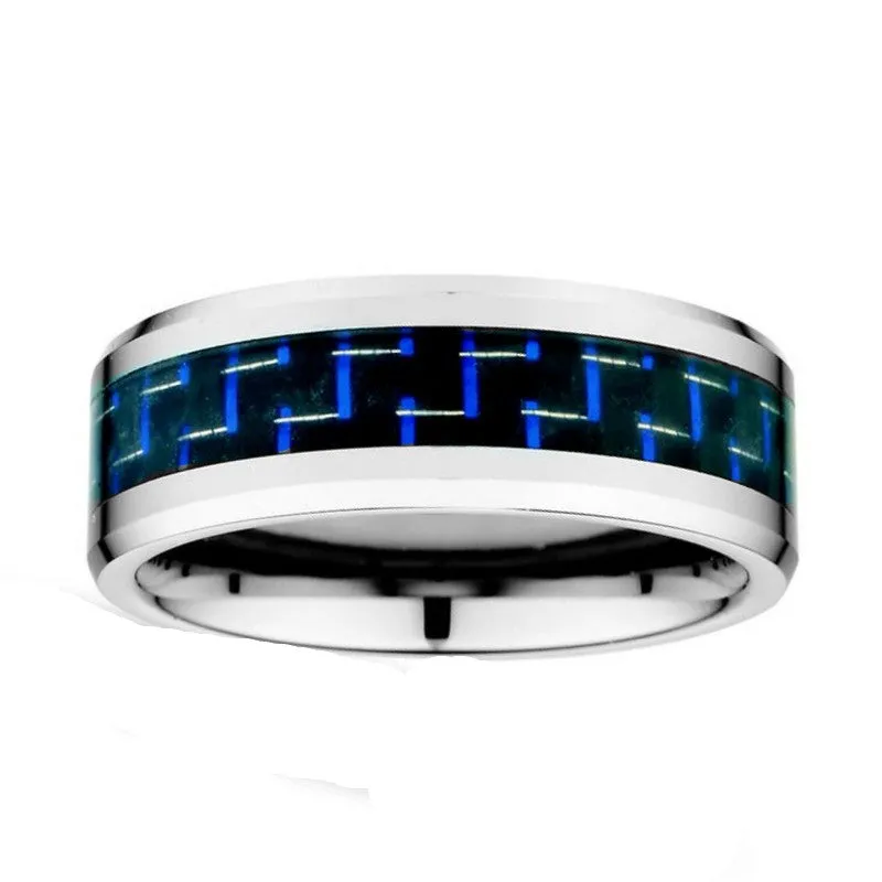 Kellee Designs Men's 8mm Tungsten Blue Carbon Fiber Wedding Band