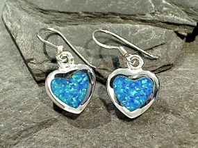 Lab Created Opal, Sterling Silver Heart Earrings