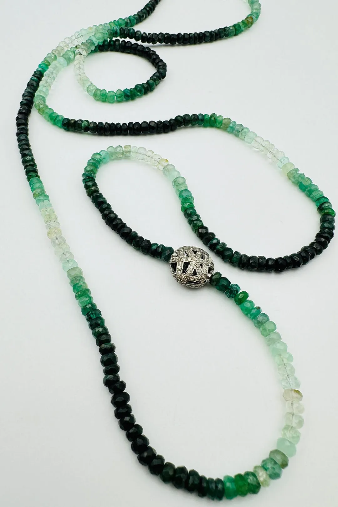 LONG EMERALD NECKLACE WITH DIAMOND FILIGREE BEAD