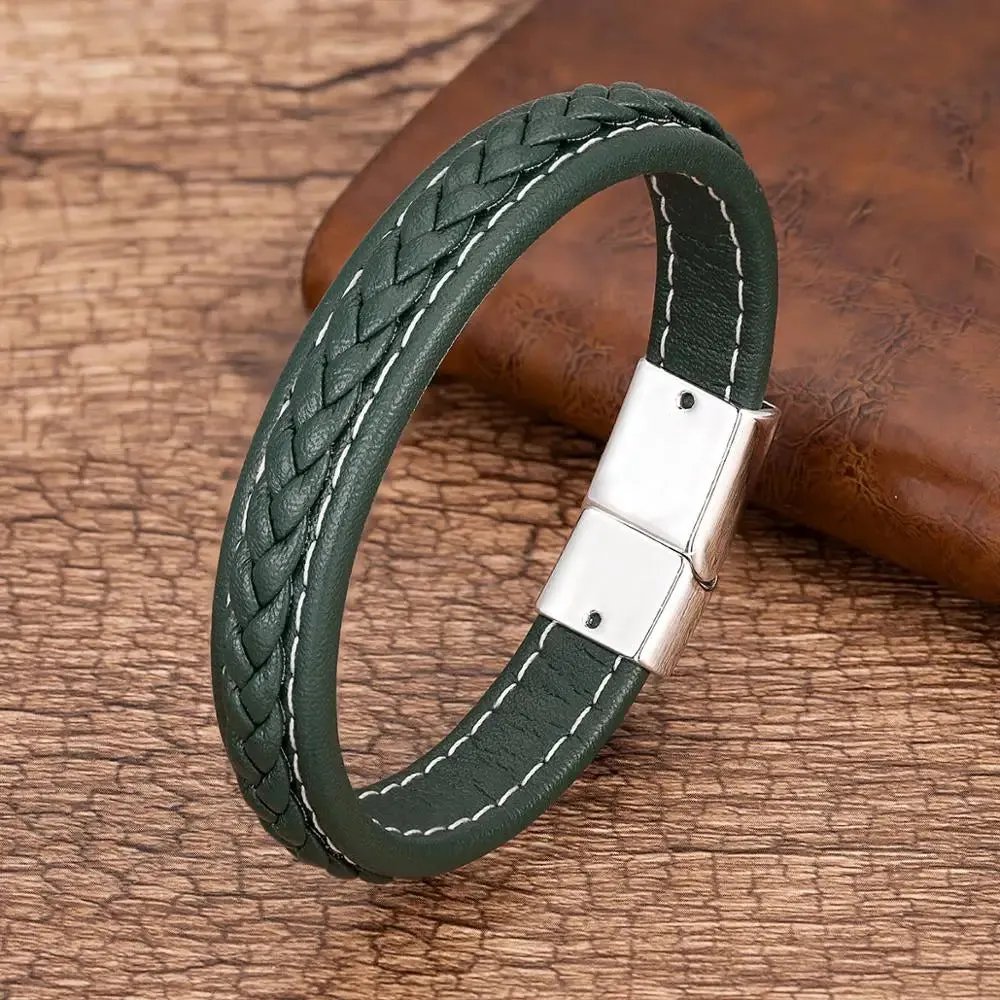 Men's Punk Braided Leather Magnetic Clasp Bracelet