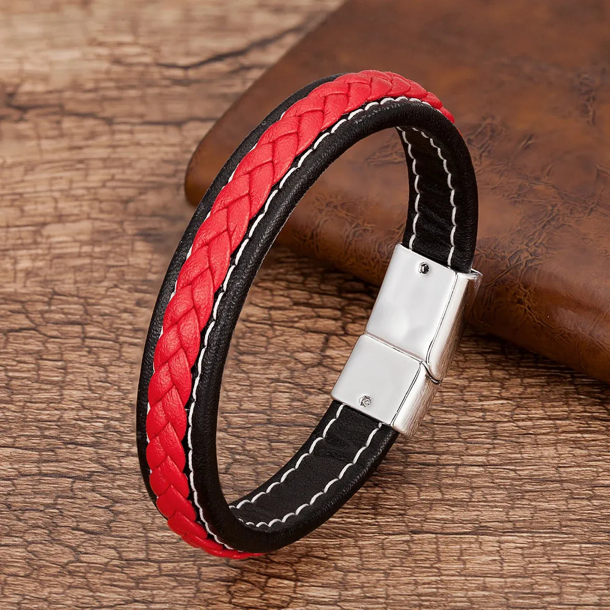 Men's Punk Braided Leather Magnetic Clasp Bracelet