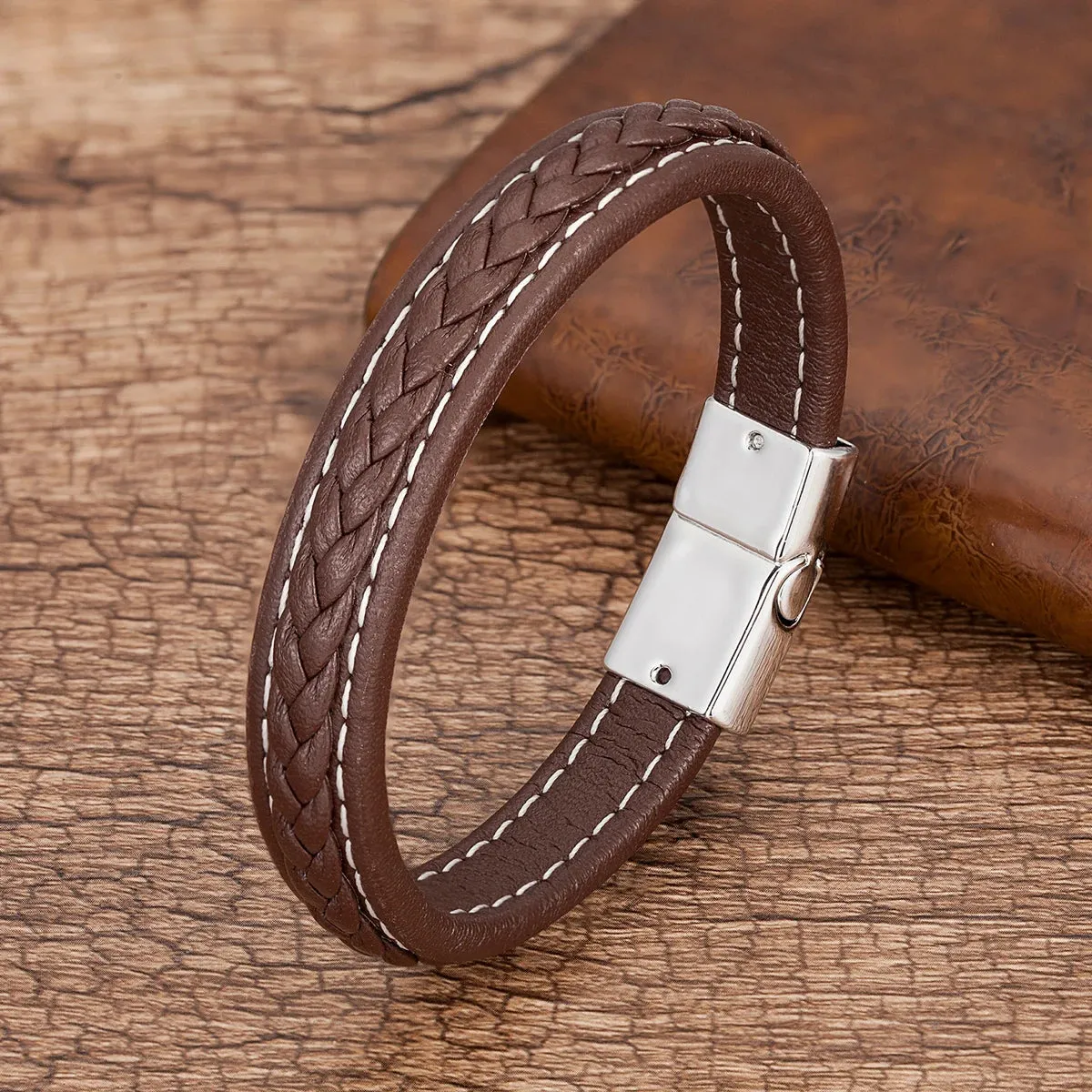Men's Punk Braided Leather Magnetic Clasp Bracelet
