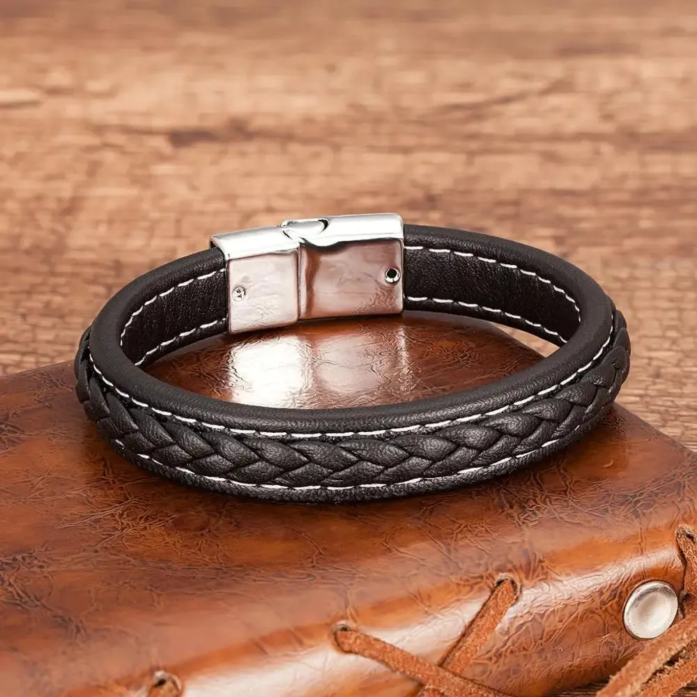 Men's Punk Braided Leather Magnetic Clasp Bracelet