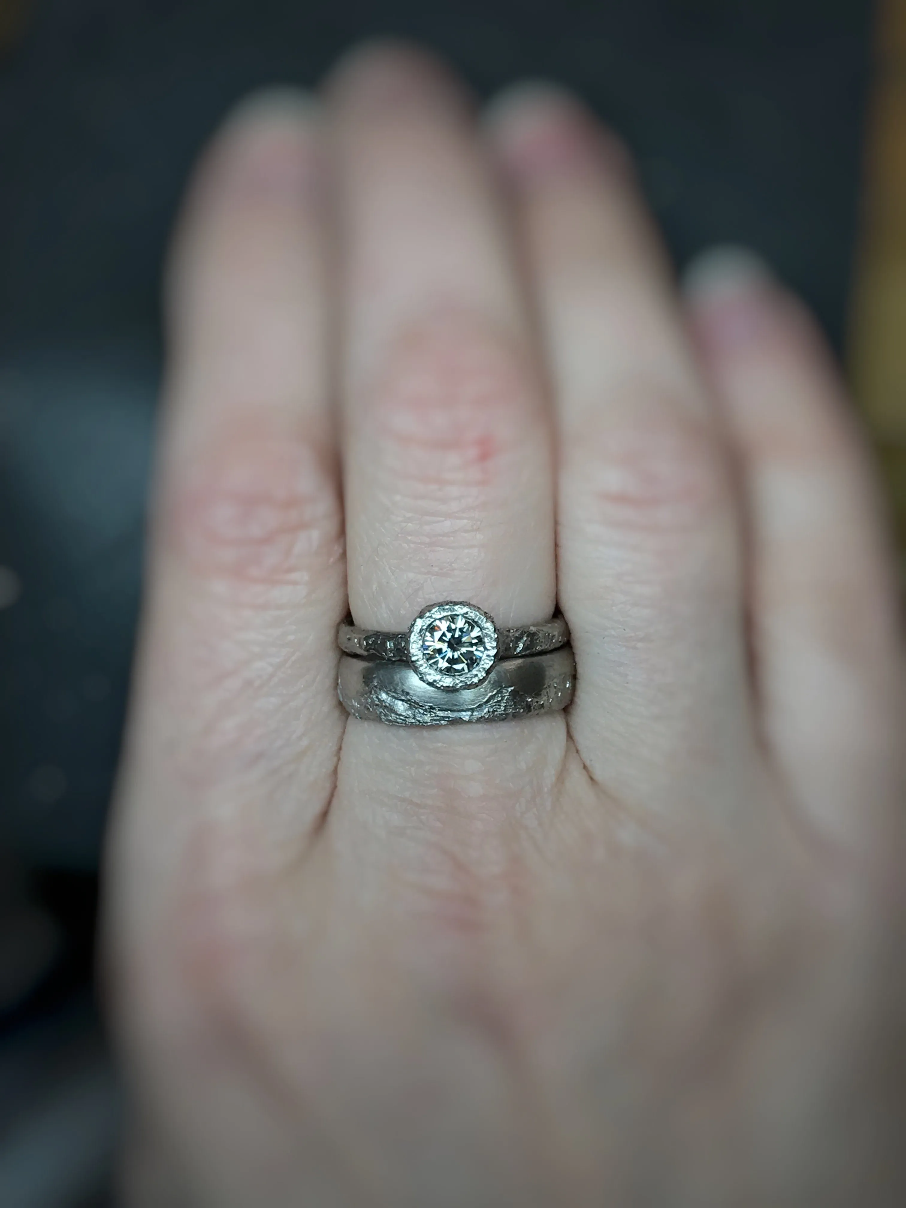 Mountain Ring Set with Dark Gray Moissanite in Palladium/Silver - size 6 - Ready to Ship
