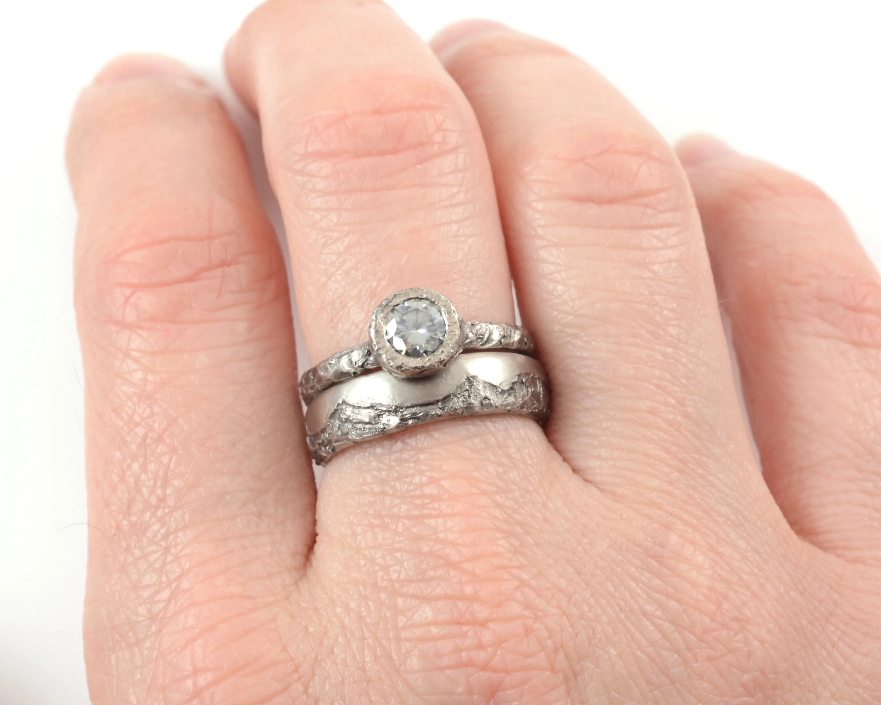 Mountain Ring Set with Dark Gray Moissanite in Palladium/Silver - size 6 - Ready to Ship