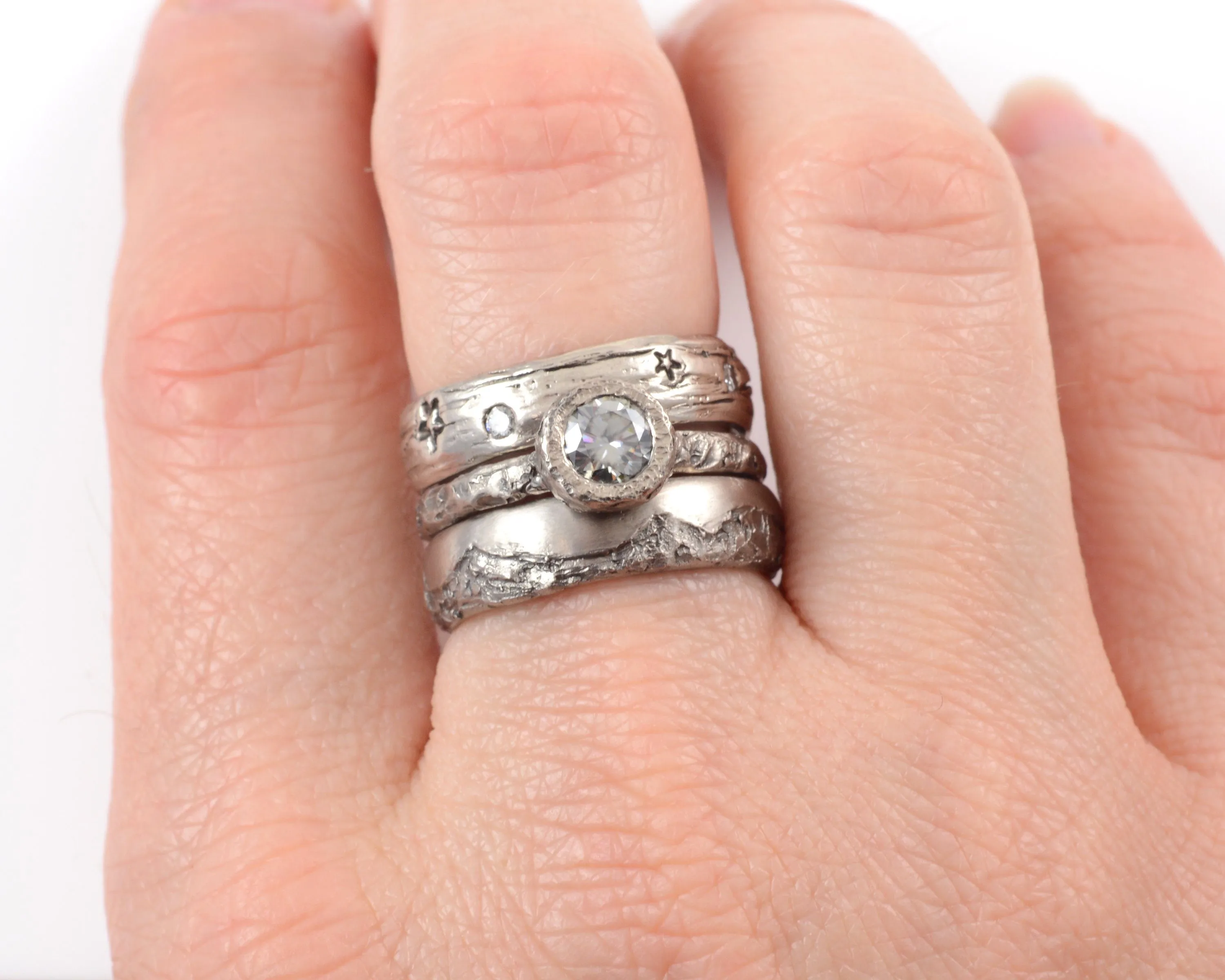 Mountain Ring Set with Dark Gray Moissanite in Palladium/Silver - size 6 - Ready to Ship