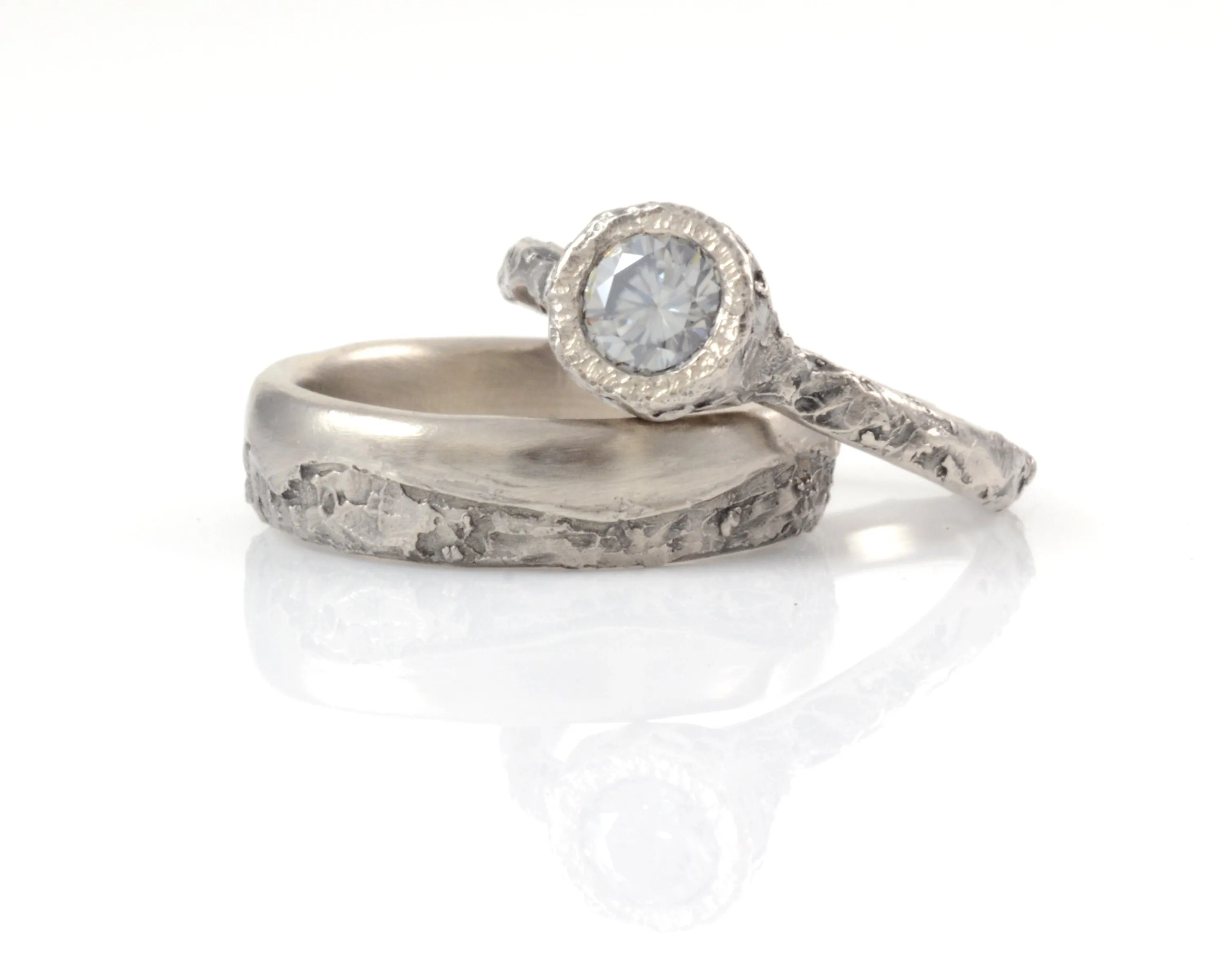 Mountain Ring Set with Dark Gray Moissanite in Palladium/Silver - size 6 - Ready to Ship