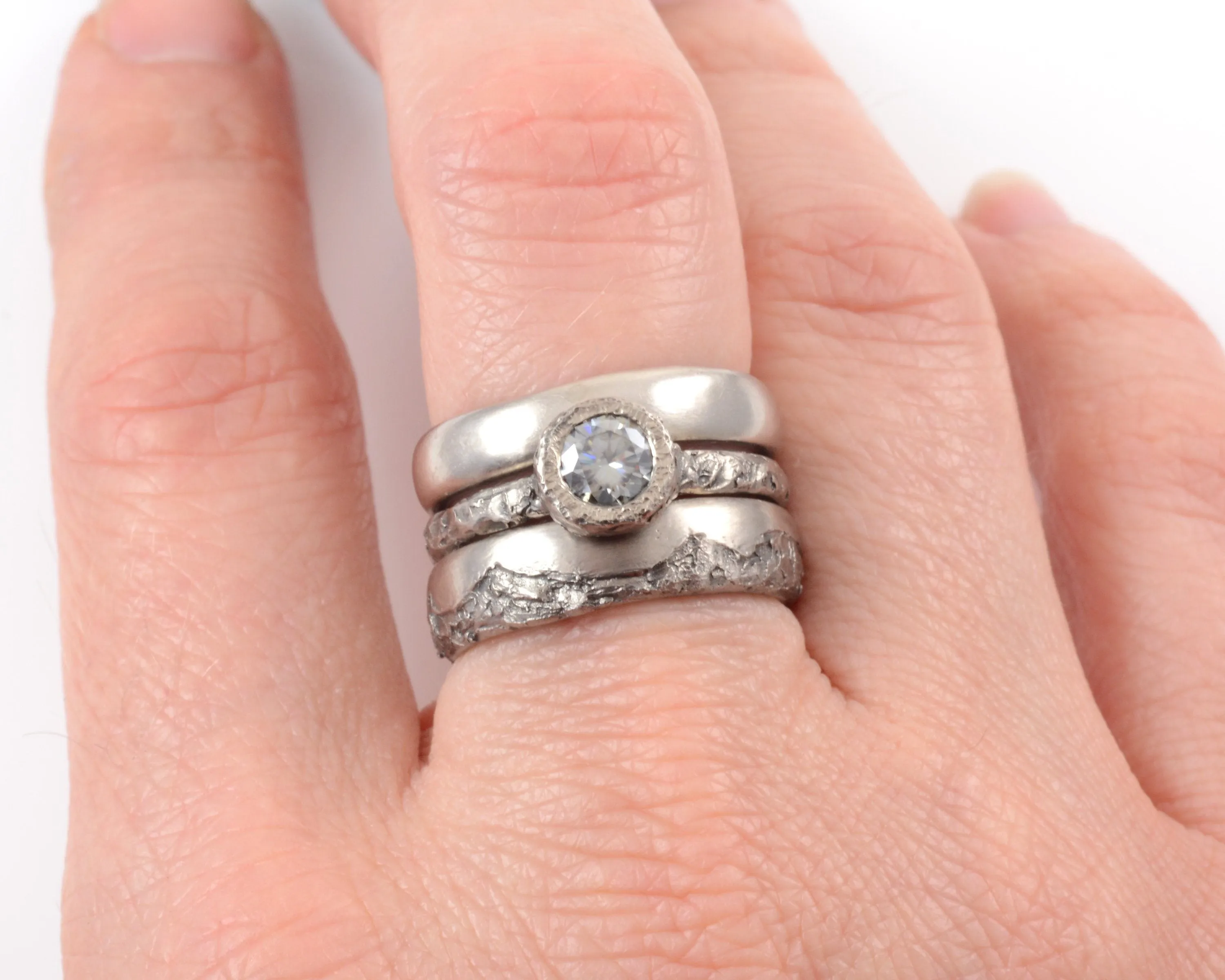 Mountain Ring Set with Dark Gray Moissanite in Palladium/Silver - size 6 - Ready to Ship