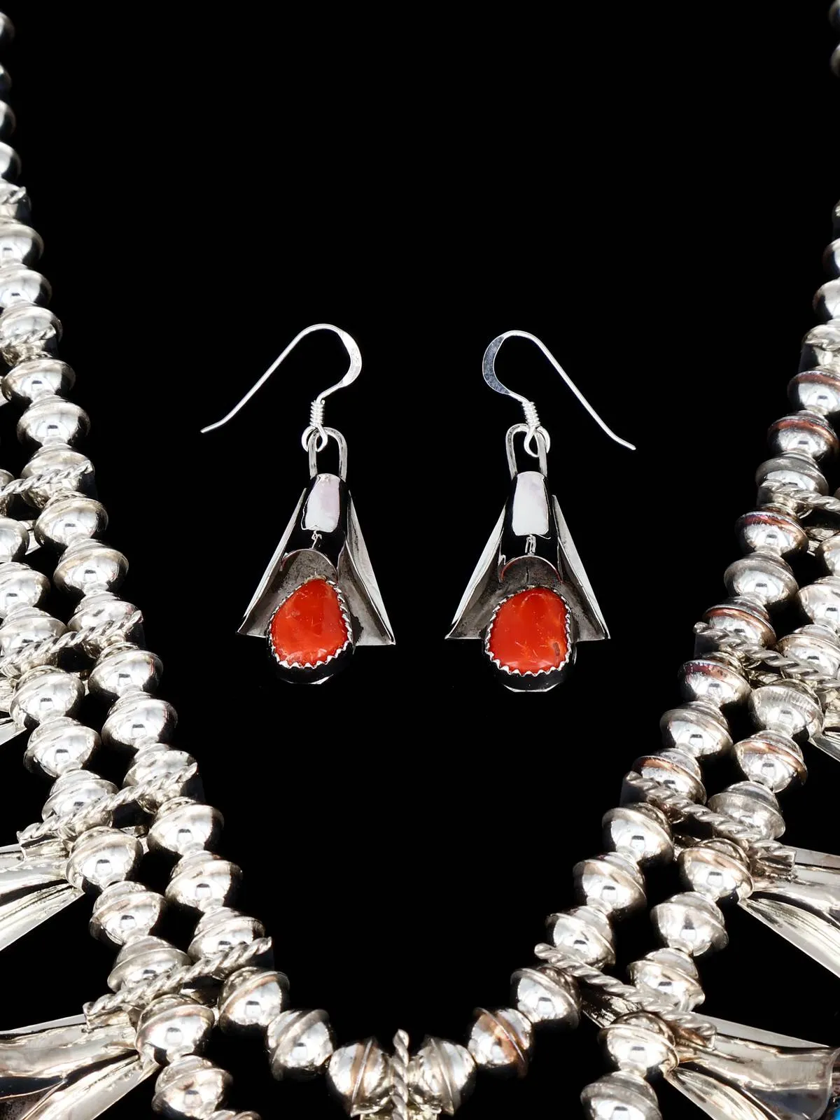Navajo Turquoise and Coral Sterling Silver Squash Blossom Necklace Set