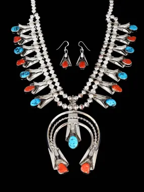Navajo Turquoise and Coral Sterling Silver Squash Blossom Necklace Set
