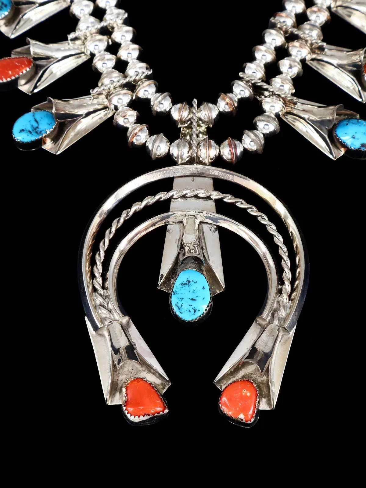 Navajo Turquoise and Coral Sterling Silver Squash Blossom Necklace Set