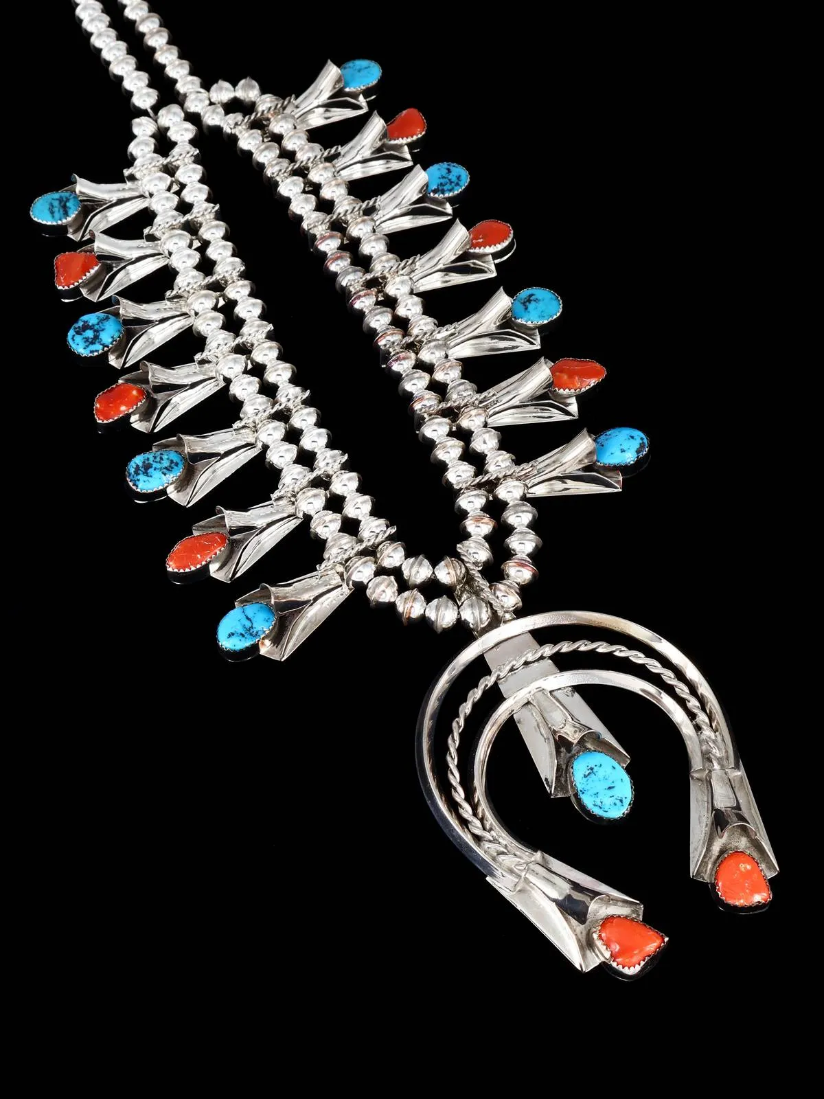 Navajo Turquoise and Coral Sterling Silver Squash Blossom Necklace Set