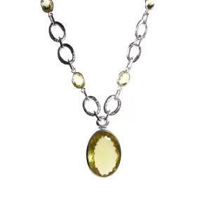 Necklace - Pendant Hammered Oval Link Chain Lemon Quartz Sterling Silver 21"