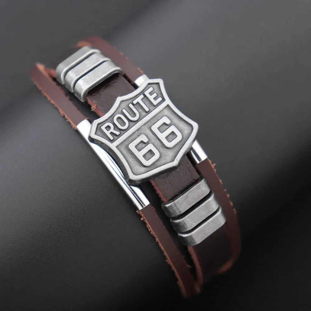 New Trendy American Route 66 Printed Pattern Bracelet Men's Bracelet Metal Multilayer Leather Bracelet Accessories Party Jewelry