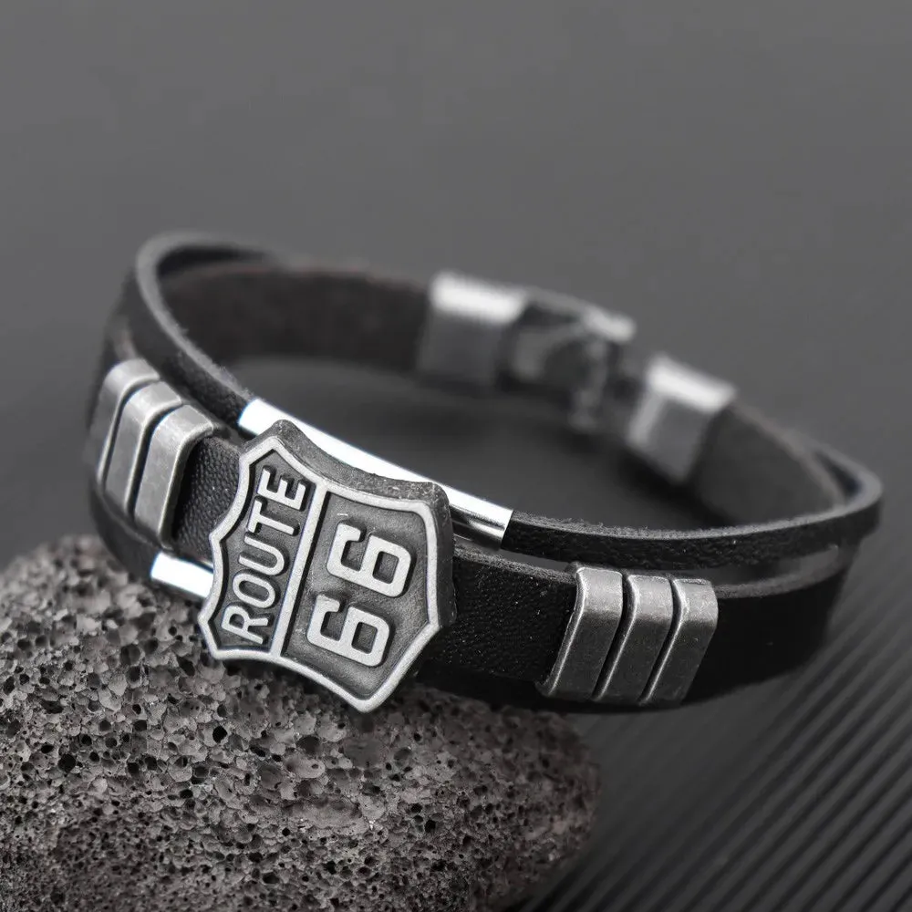 New Trendy American Route 66 Printed Pattern Bracelet Men's Bracelet Metal Multilayer Leather Bracelet Accessories Party Jewelry