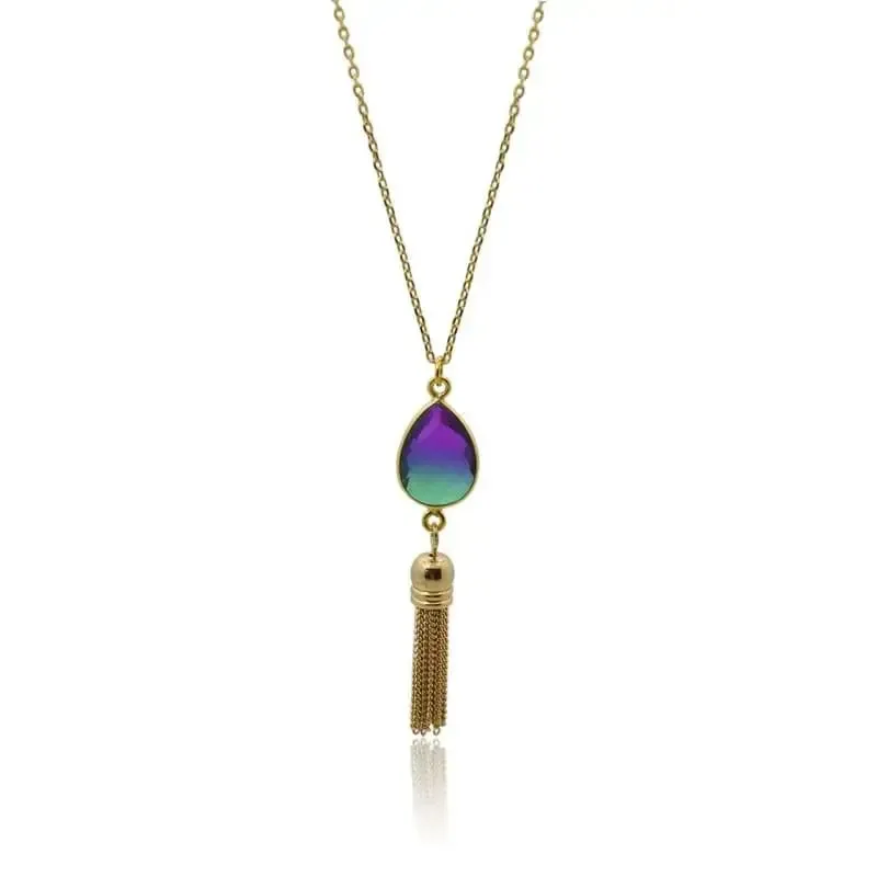 Peacock Aura Oval Drop Tassel Necklace