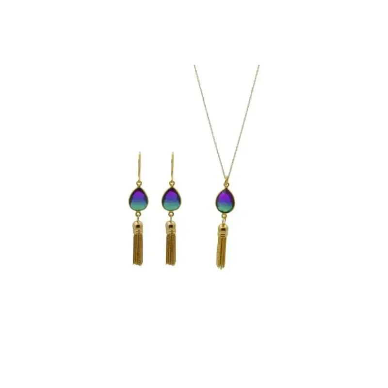Peacock Aura Oval Drop Tassel Necklace