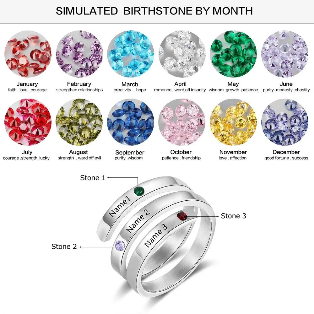 Personalized Stainless Steel Rings for Women - Four Custom Names - Four Custom Birthstones
