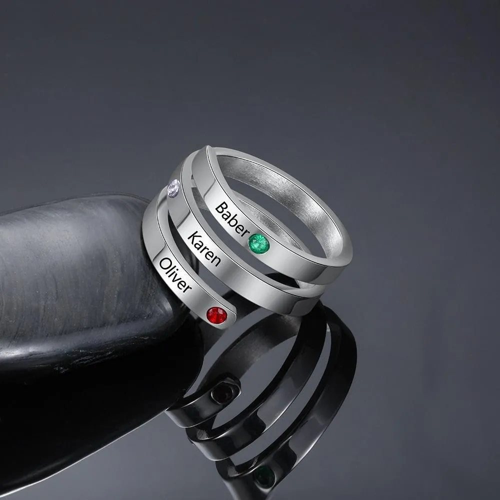 Personalized Stainless Steel Rings for Women - Four Custom Names - Four Custom Birthstones