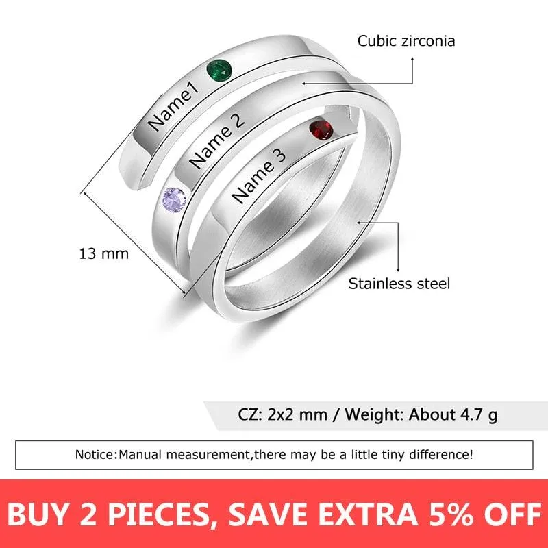 Personalized Stainless Steel Rings for Women - Four Custom Names - Four Custom Birthstones