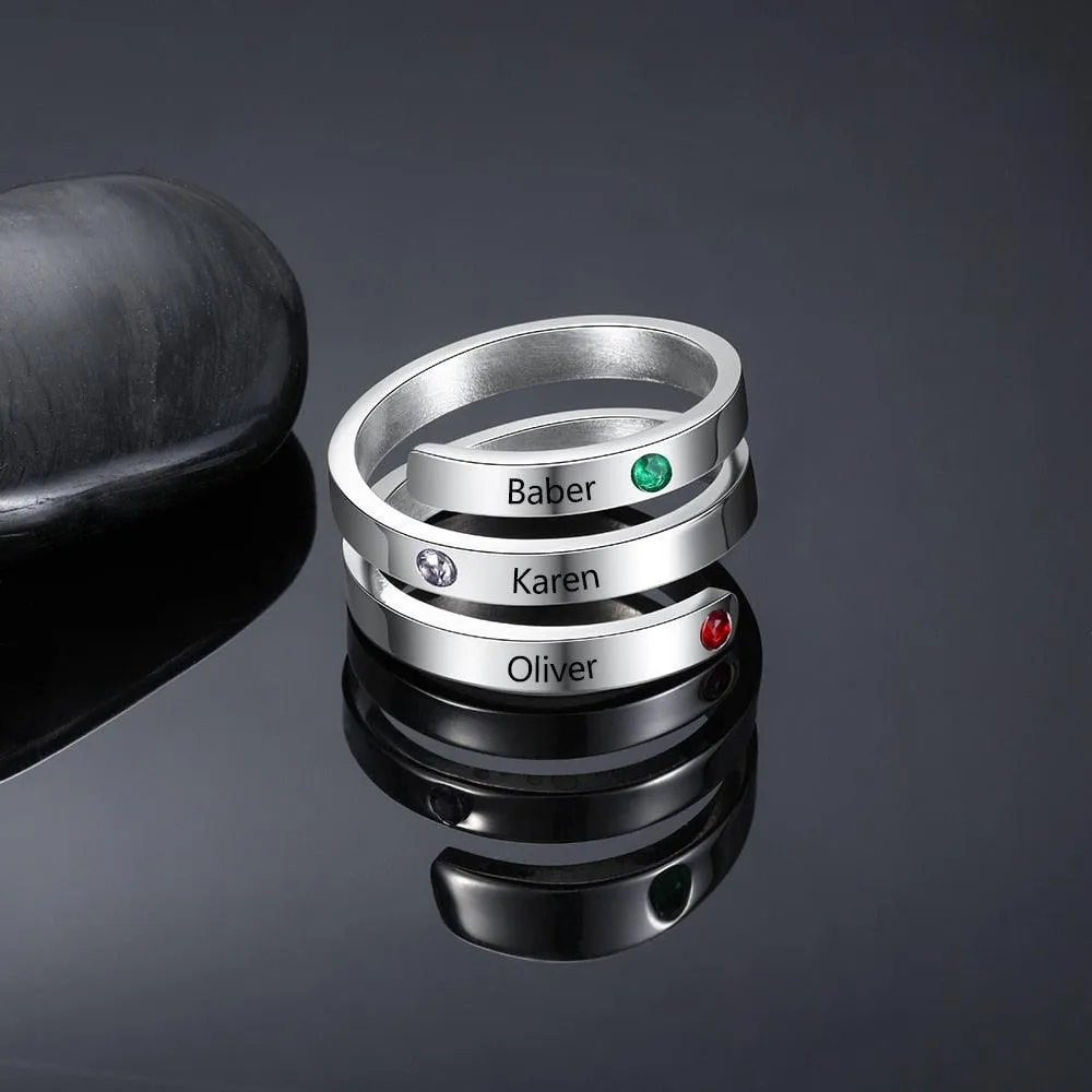 Personalized Stainless Steel Rings for Women - Four Custom Names - Four Custom Birthstones