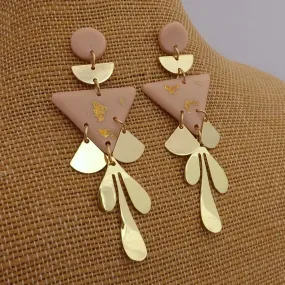 Pink & Gold Leaf Polymer Drop Chandelier Stud Earrings
