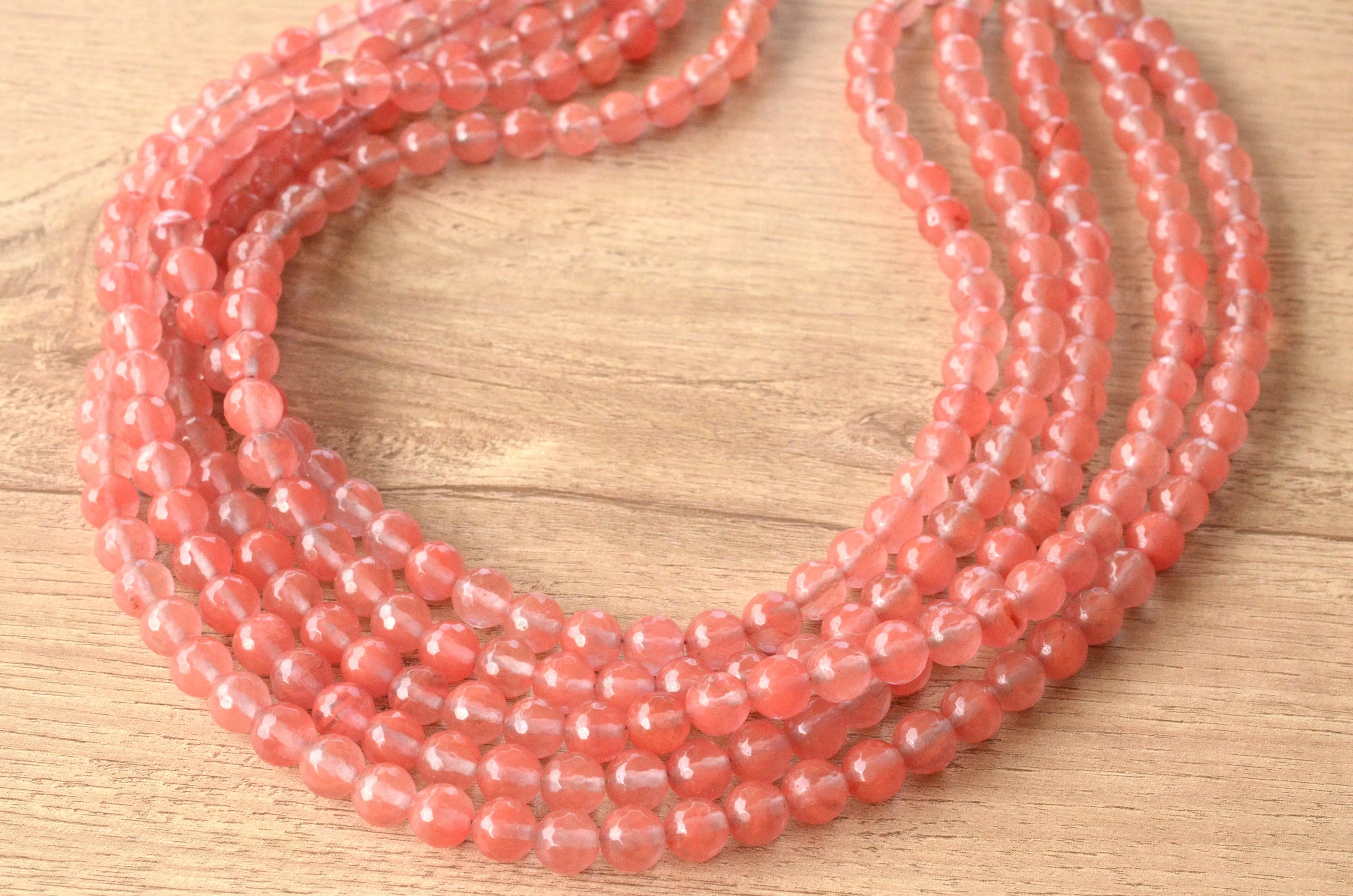 Pink Cherry Quartz Statement Beaded Chunky Faceted Stone Necklace - Tara