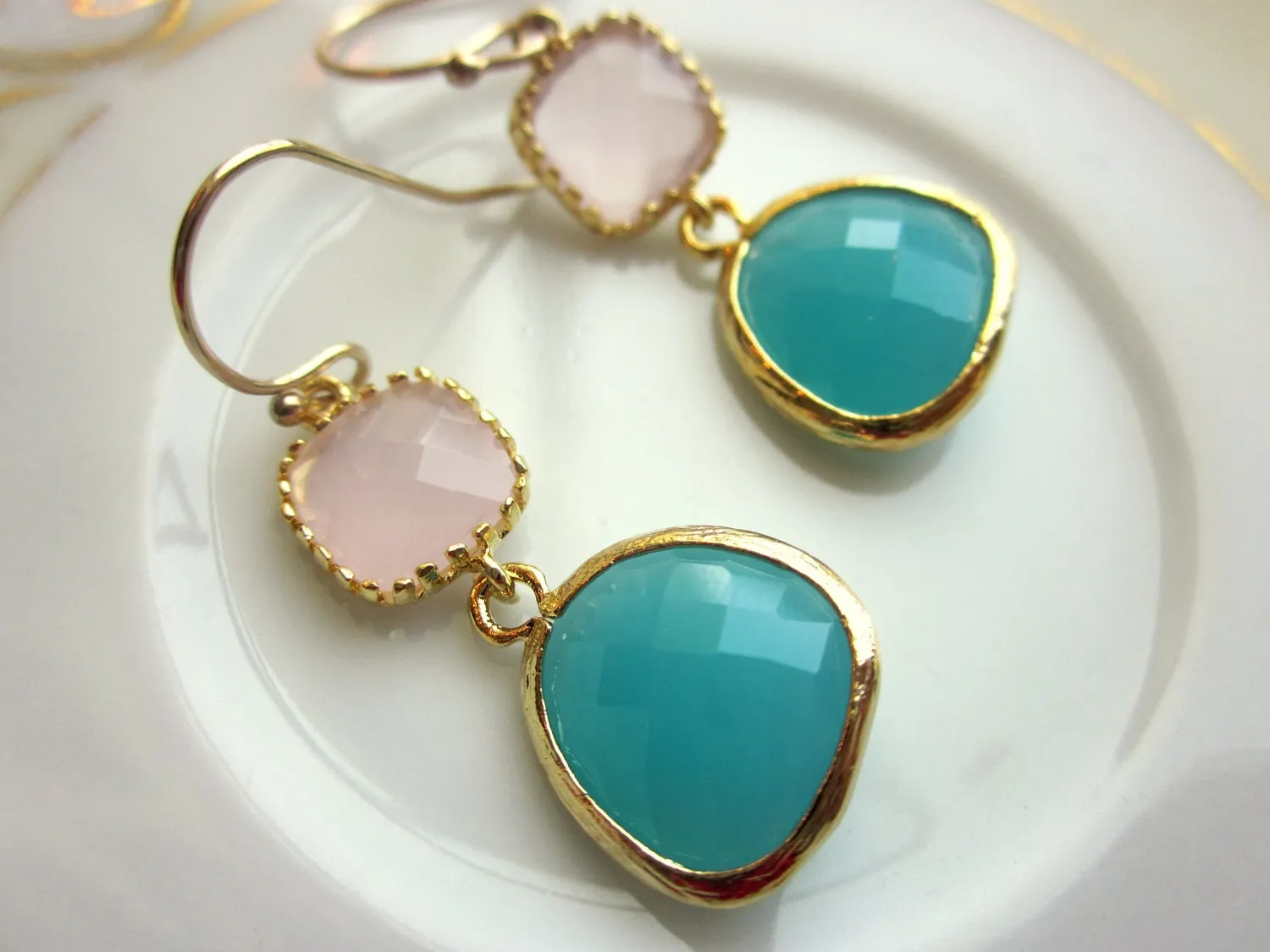 Pink Opal Earrings Aqua Blue Two Tier - Bridesmaid Earrings - Wedding Earrings - Valentines Day Gift