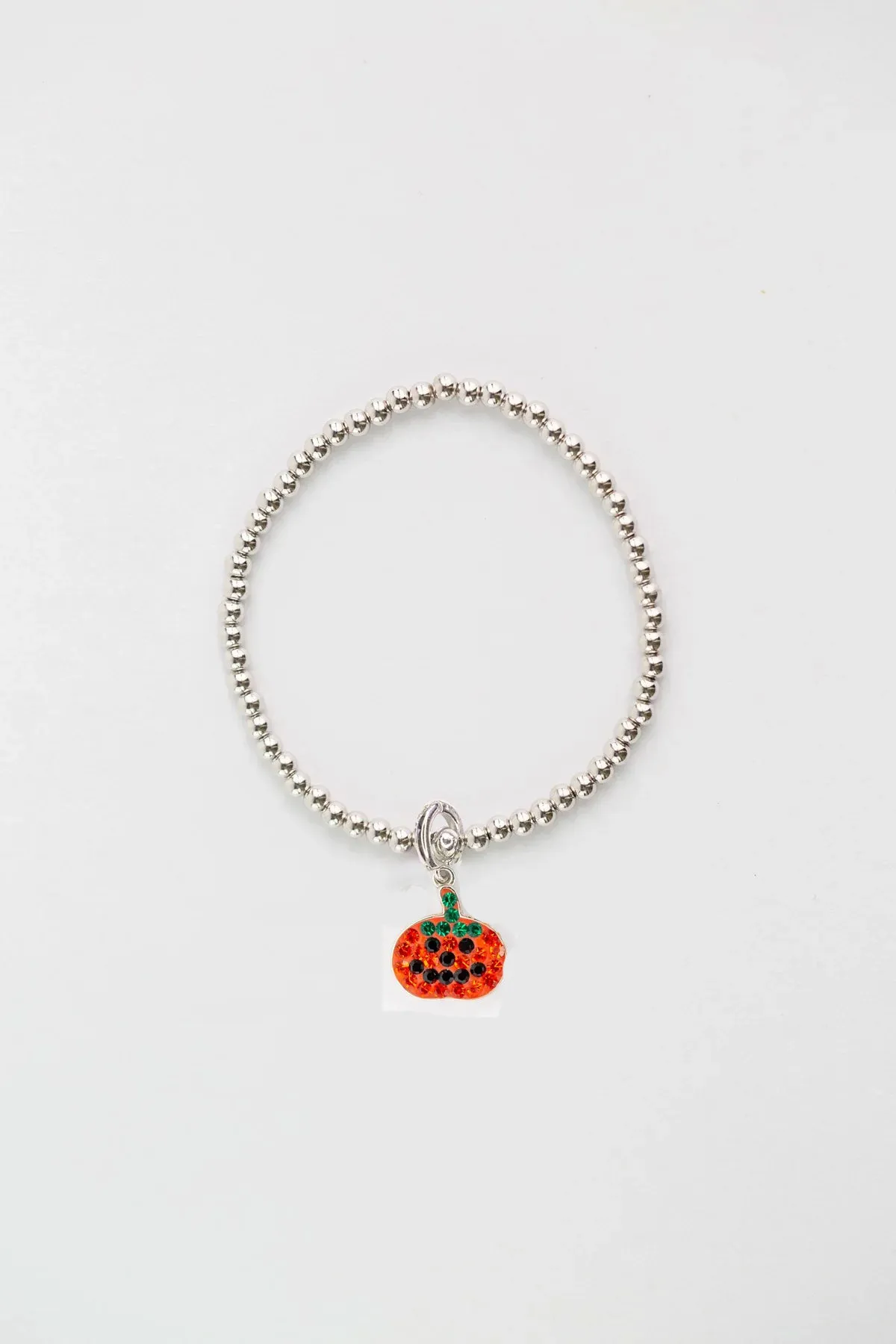 Pumpkin Crystal  Charm Sterling Silver Beaded Stretch Bracelet