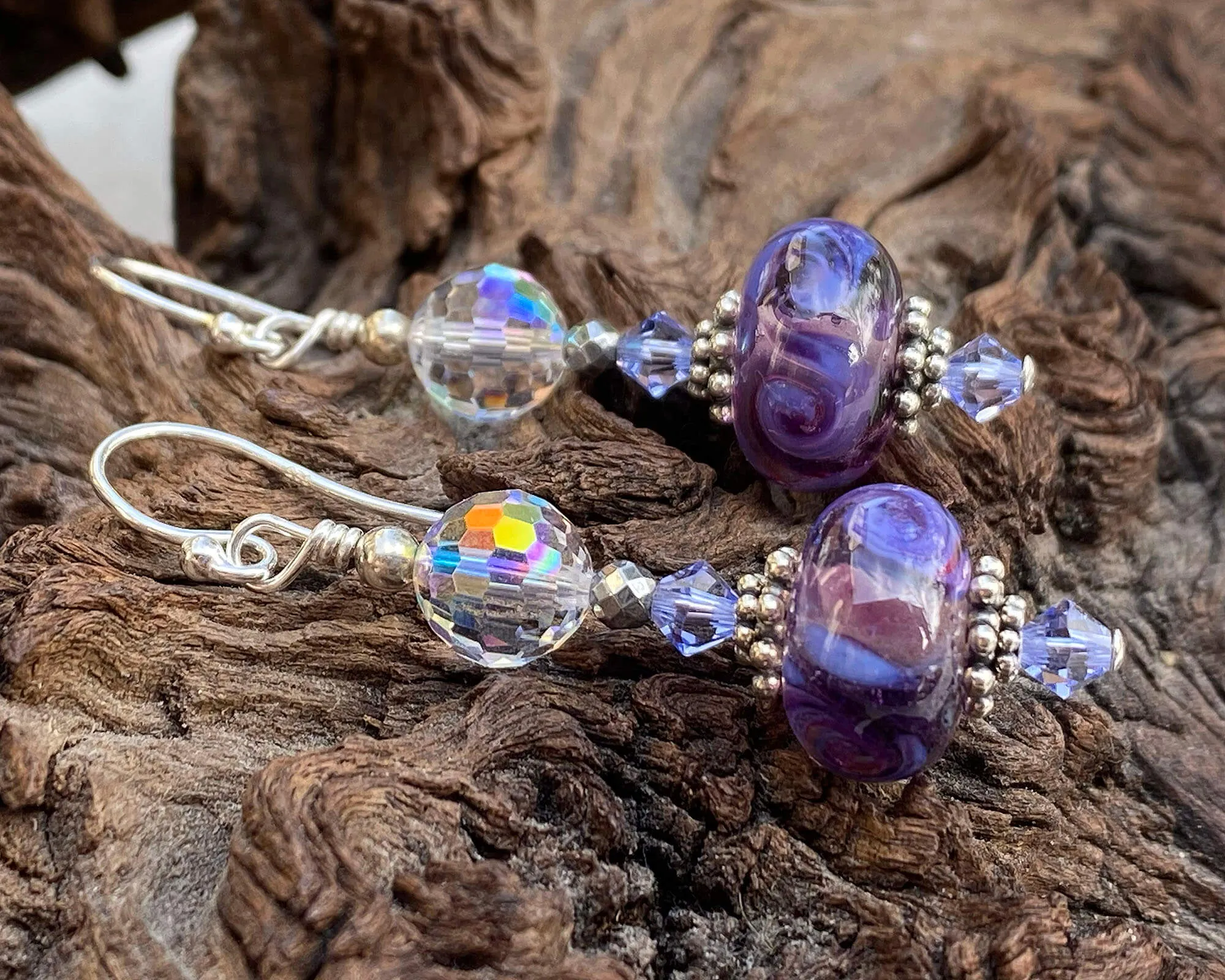 Purple Swirl Crystal Lampwork Earrings
