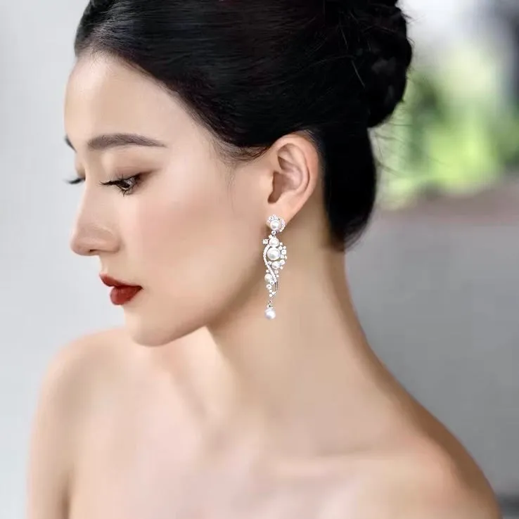 "Lenora" - Pearl and Cubic Zirconia Bridal Earrings