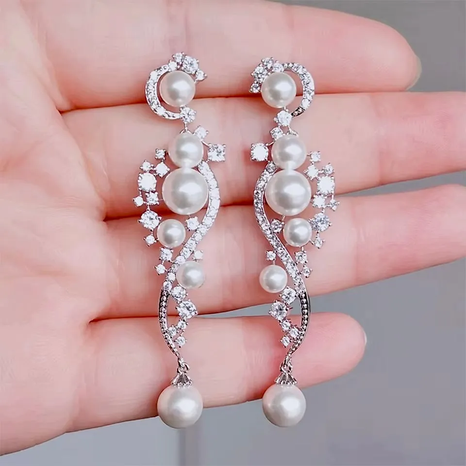 "Lenora" - Pearl and Cubic Zirconia Bridal Earrings