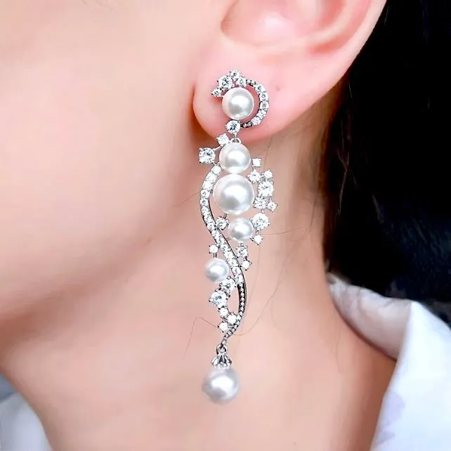 "Lenora" - Pearl and Cubic Zirconia Bridal Earrings