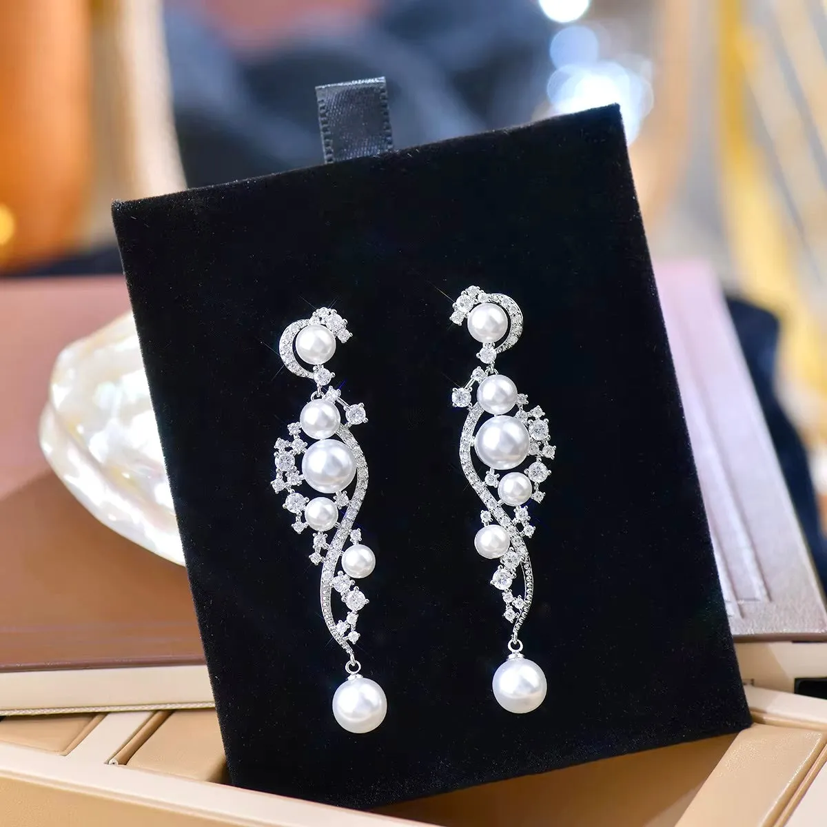 "Lenora" - Pearl and Cubic Zirconia Bridal Earrings