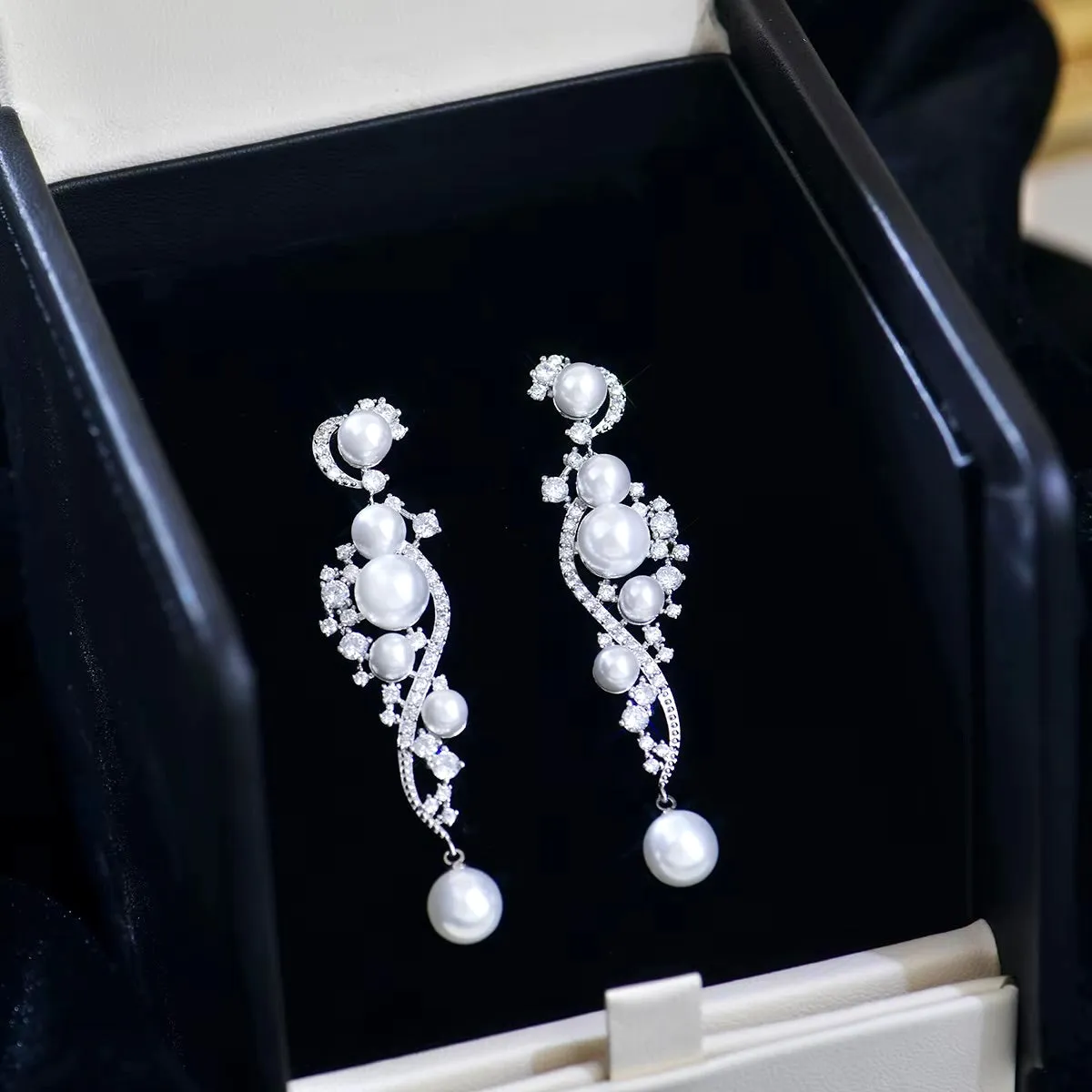 "Lenora" - Pearl and Cubic Zirconia Bridal Earrings