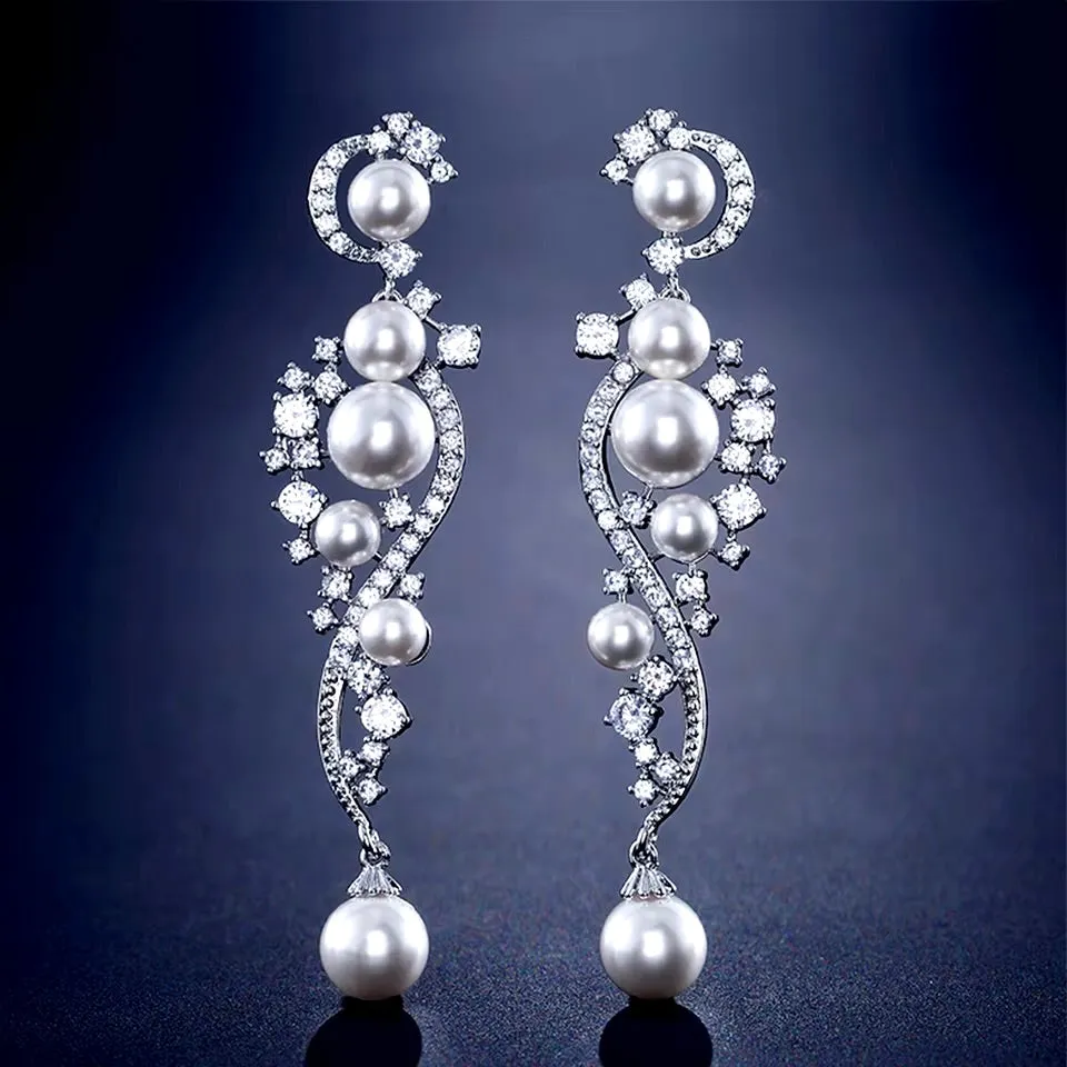 "Lenora" - Pearl and Cubic Zirconia Bridal Earrings