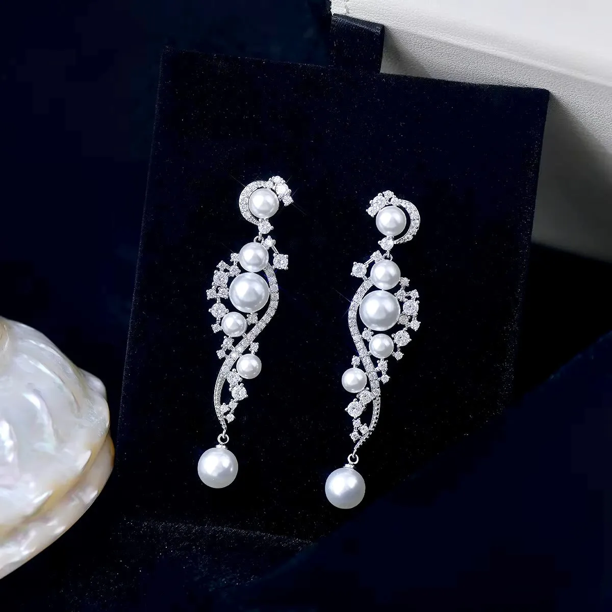 "Lenora" - Pearl and Cubic Zirconia Bridal Earrings