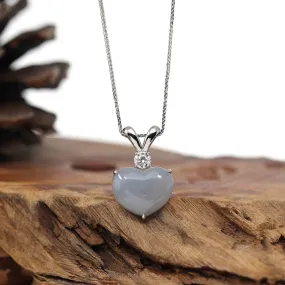 RealJade® Co. 14K Gold Genuine Burmese Grey Jadeite Jade Heart Pendant with Moissanite